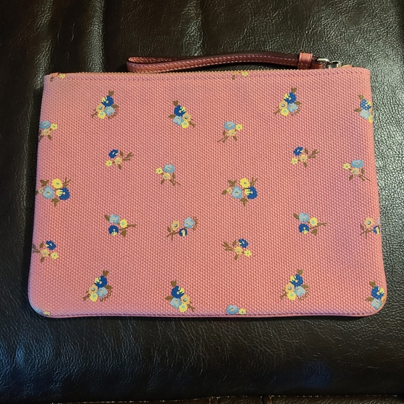 Coach Pink Floral Catepillar Bee Canvas Zipper Wristlet Pouch - Picture 3 of 10